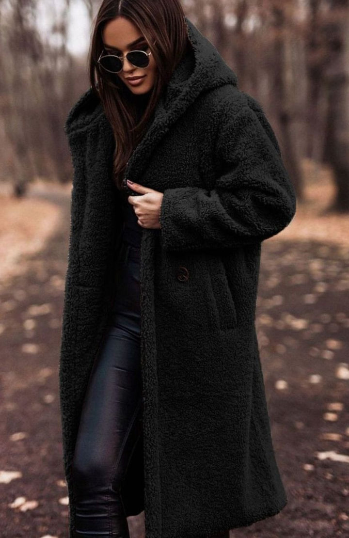 Women's Hooded Teddy Faux Fur Long Winter Coat - Black