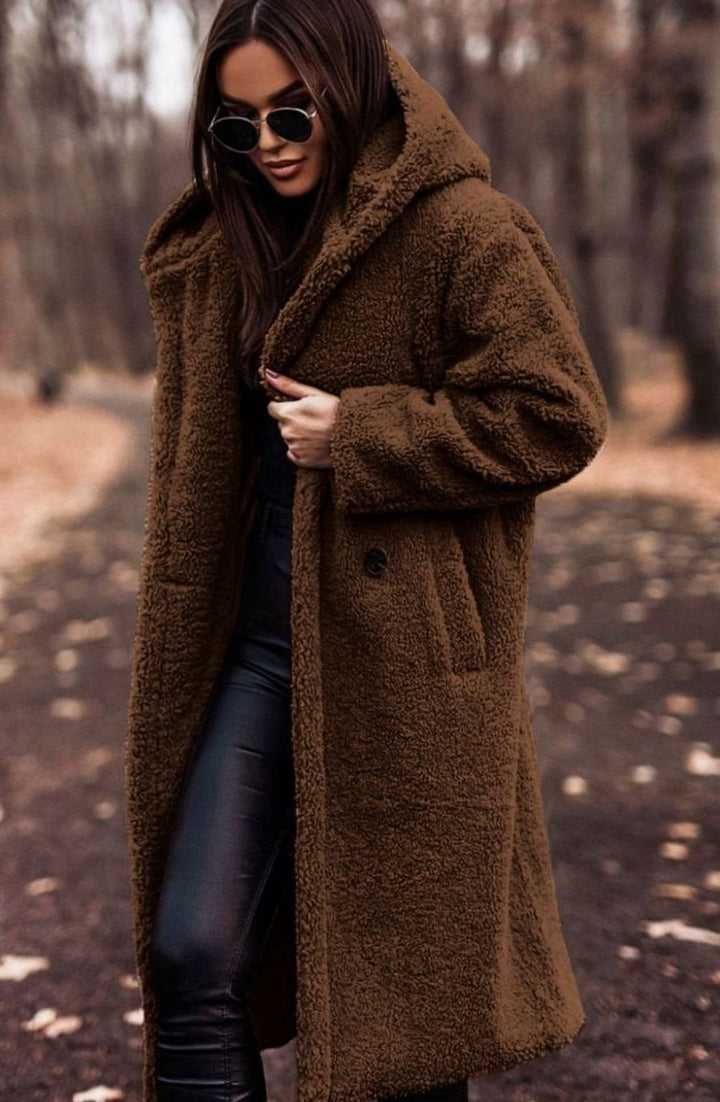 Women's Hooded Teddy Faux Fur Long Winter Coat - Brown