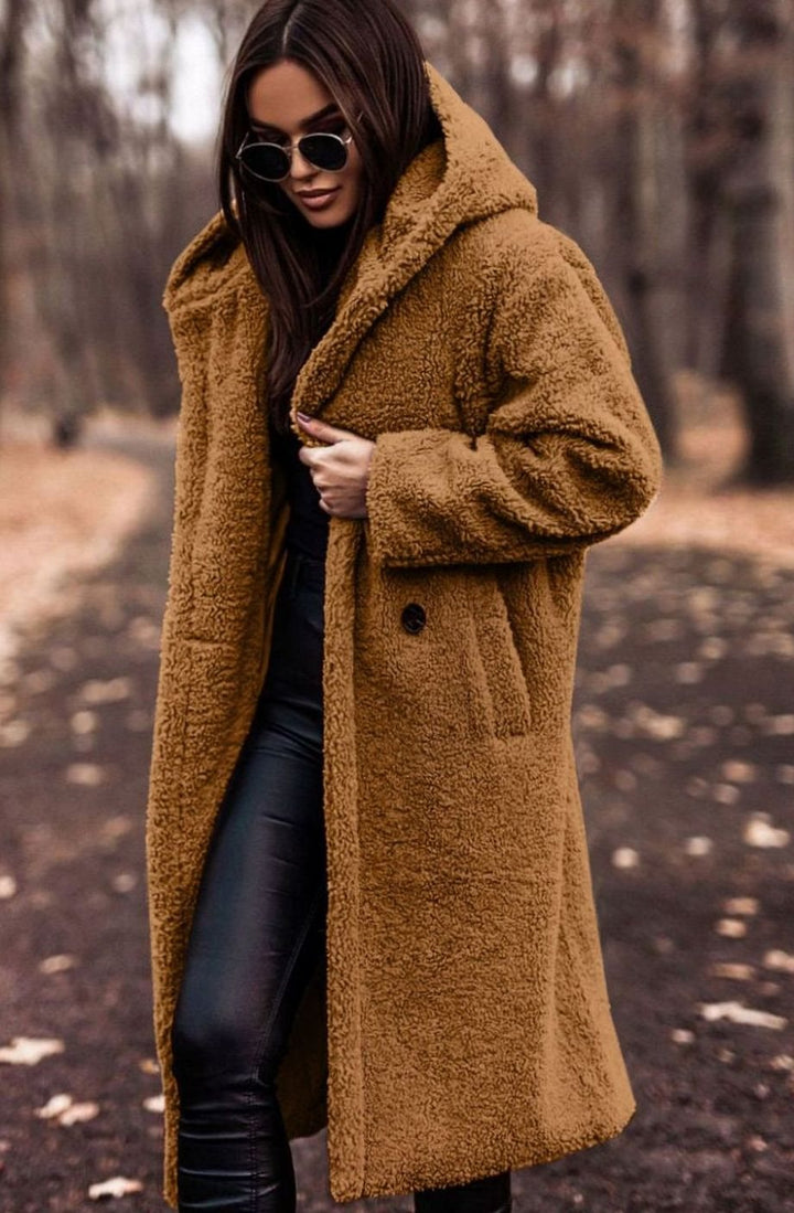 Women's Hooded Teddy Faux Fur Long Winter Coat - Light Brown