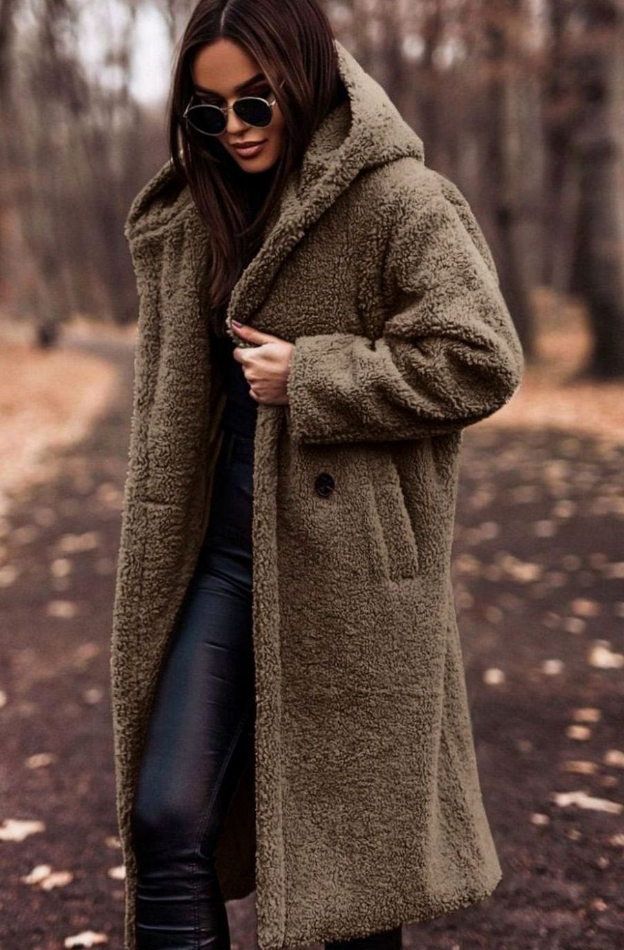 Women's Hooded Teddy Faux Fur Long Winter Coat - Khaki