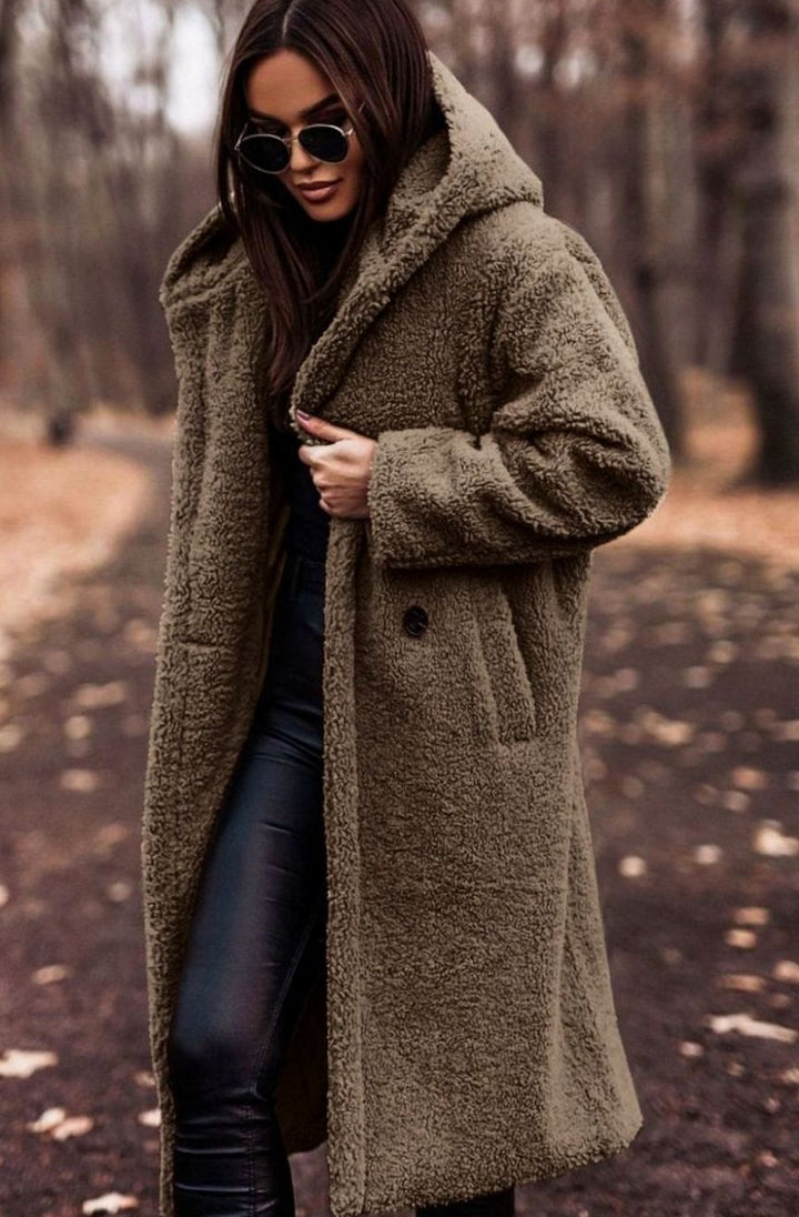 Women's Hooded Teddy Faux Fur Long Winter Coat - Khaki
