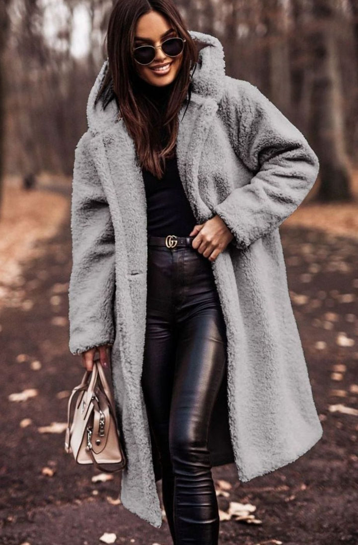 Women's Hooded Teddy Faux Fur Long Winter Coat - Grey