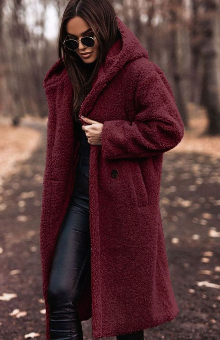 Women's Hooded Teddy Faux Fur Long Winter Coat - Red