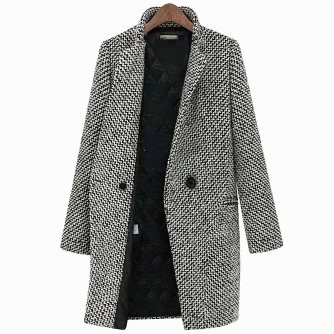 Women's Houndstooth Longline Tailored Long Coat - Black and White