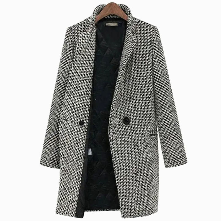 Women's Houndstooth Longline Tailored Long Coat - Black and White