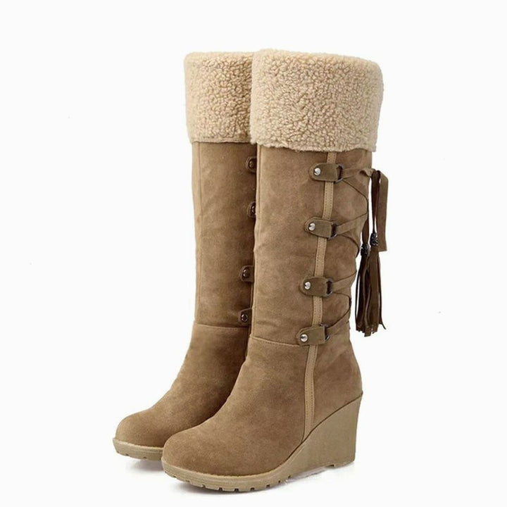 Women's Knee-High Faux-Fur Cuff Wedge Winter Boots - Brown