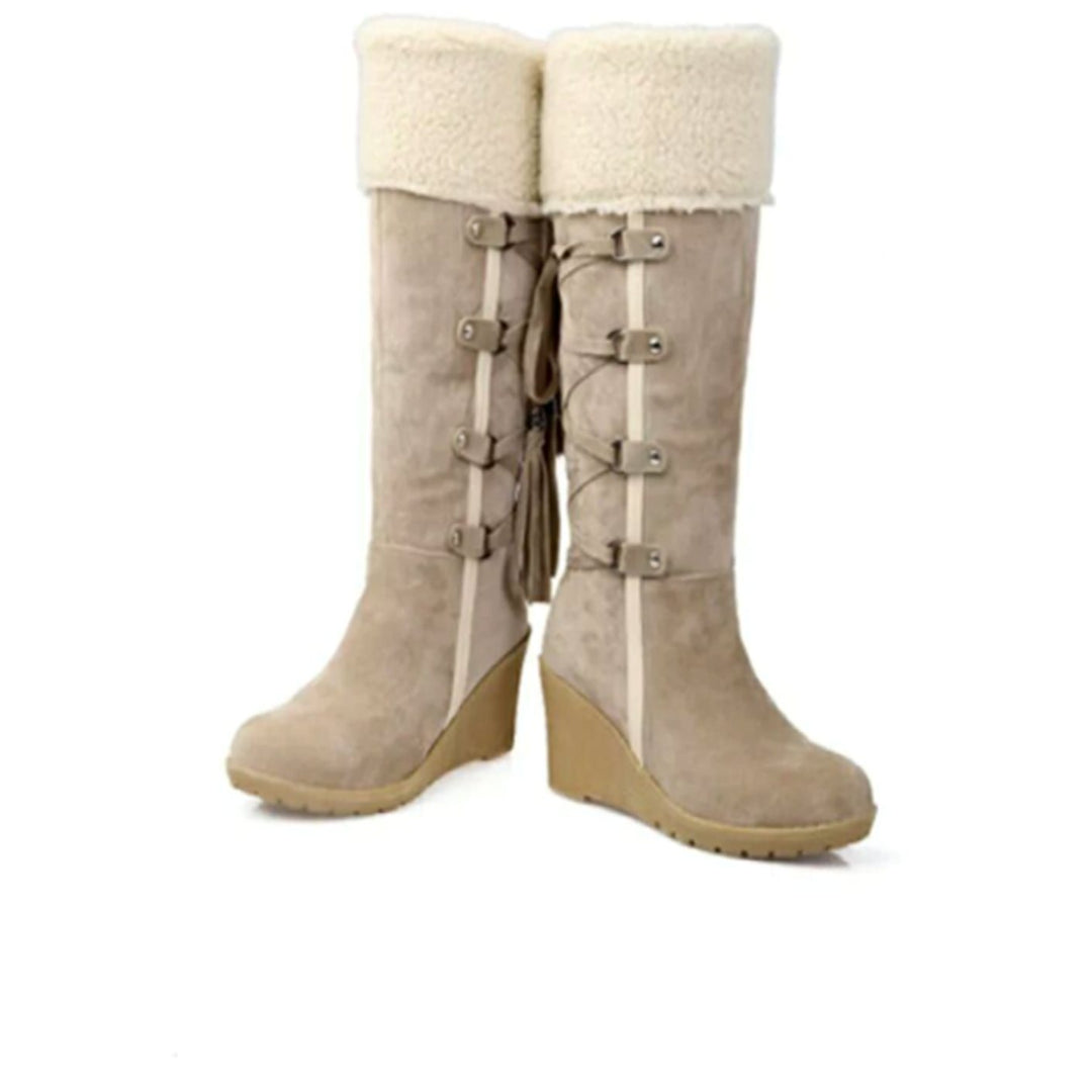 Women's Knee-High Faux-Fur Cuff Wedge Winter Boots
