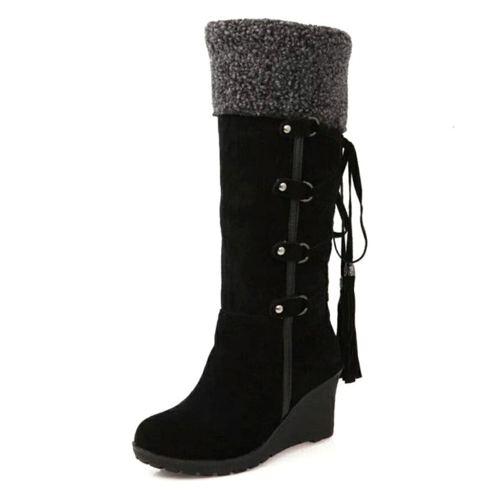 Women's Knee-High Faux-Fur Cuff Wedge Winter Boots - Black