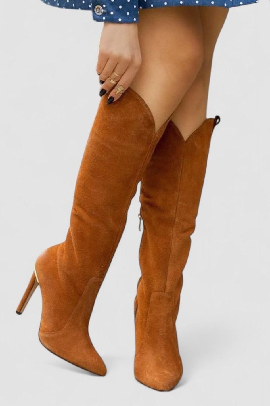Women's Knee-High Pointed-Toe Boots Stiletto Heel Side-Zip Cushioned Insole - Brown Suede