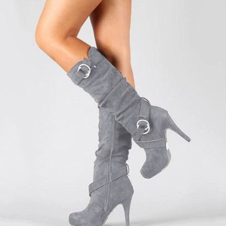 Women's Knee-High Stiletto Heel Boots Buckle Detail Suede - Grey