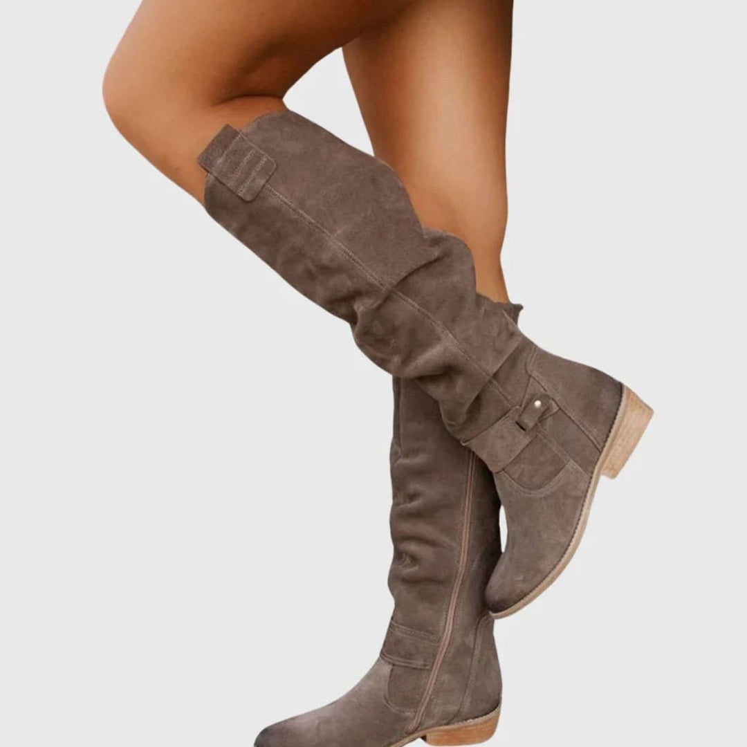 Women's Knee-High Suede Zipper Boots Block Heel - Gray