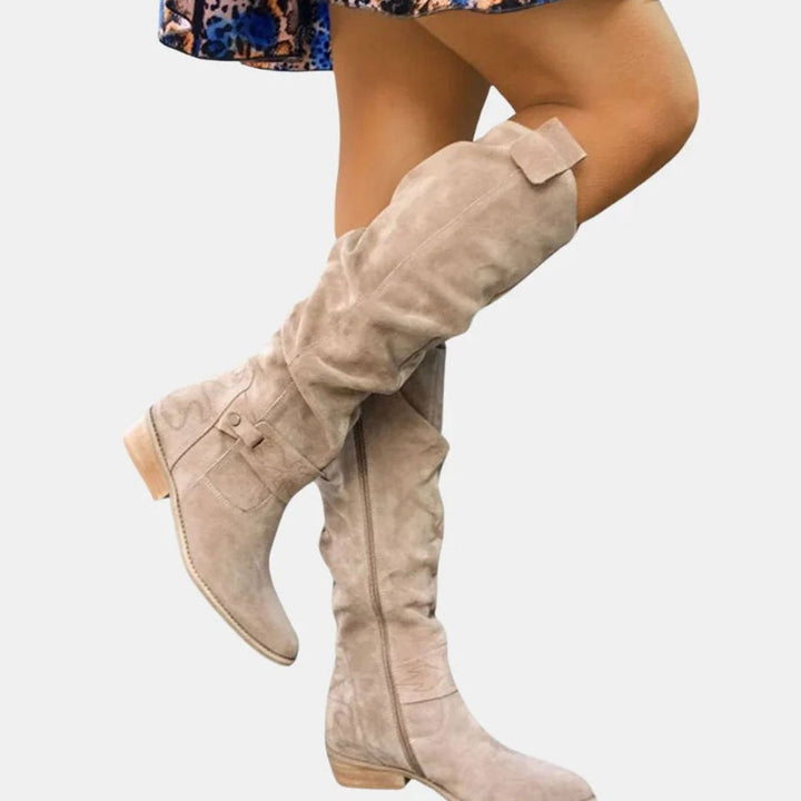 Women's Knee-High Suede Zipper Boots Block Heel - Beige