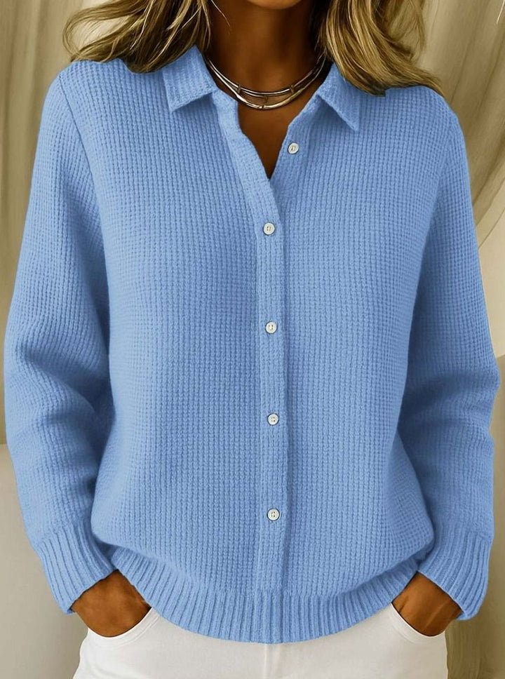 Women's Knit Button-Down Cardigan Collared Long-Sleeve Sweater - Blue