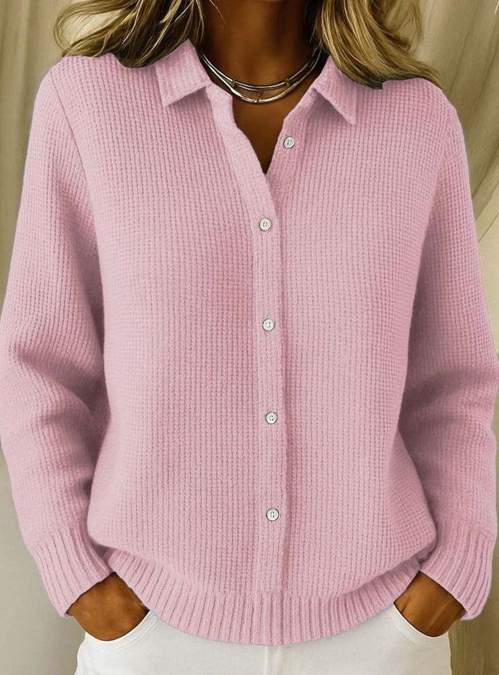 Women's Knit Button-Down Cardigan Collared Long-Sleeve Sweater - Pink
