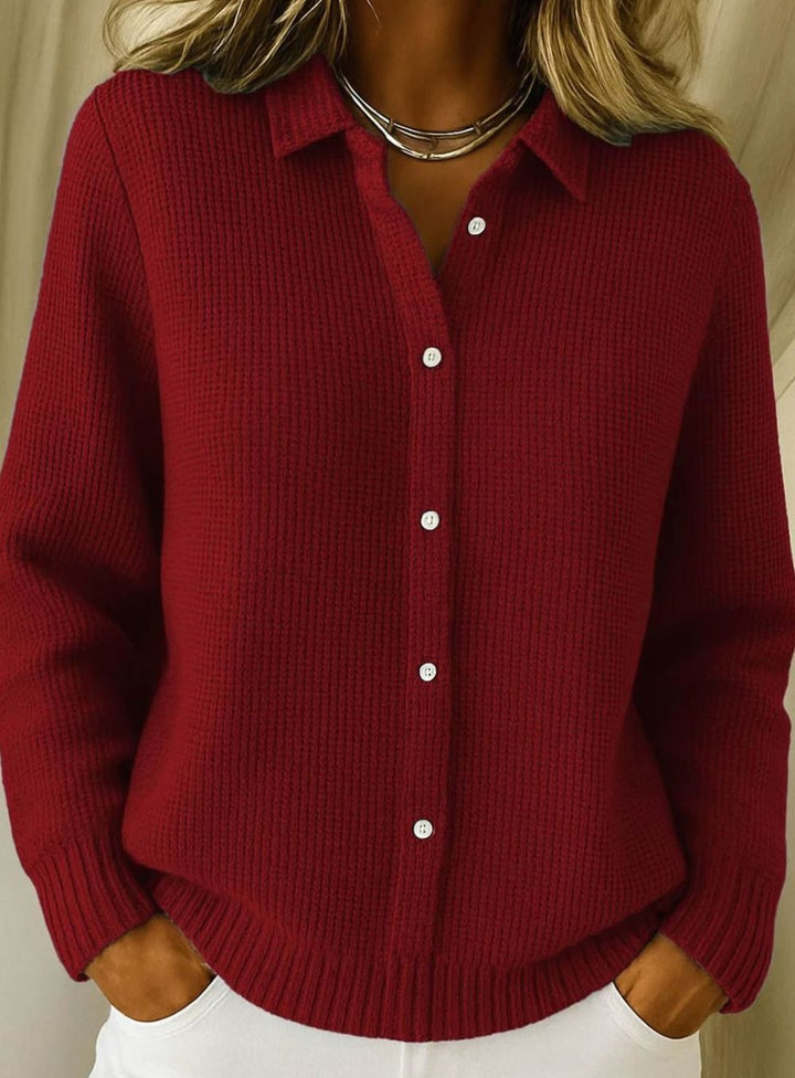 Women's Knit Button-Down Cardigan Collared Long-Sleeve Sweater - Red