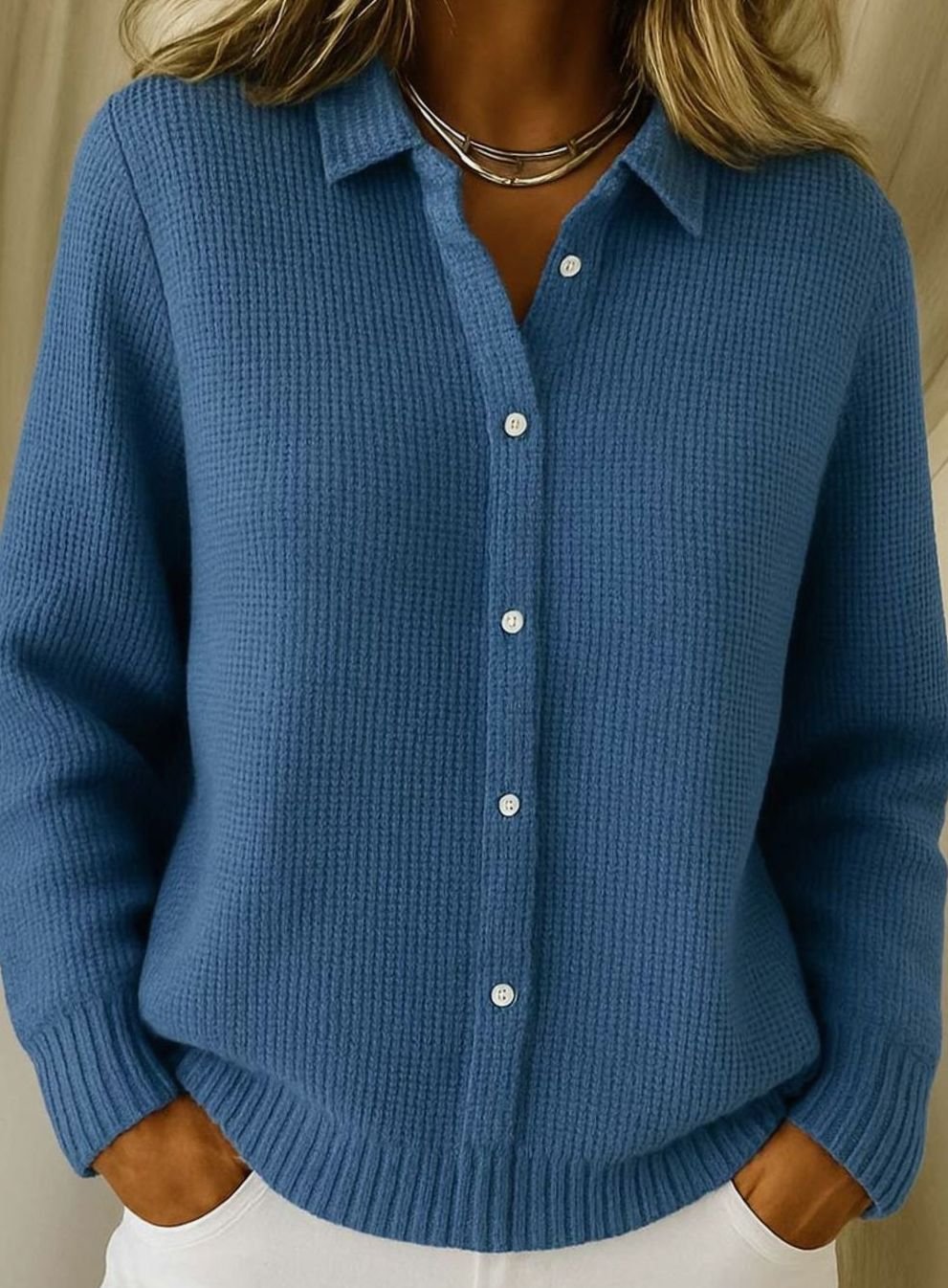 Women's Knit Button-Down Cardigan Collared Long-Sleeve Sweater - Navy Blue