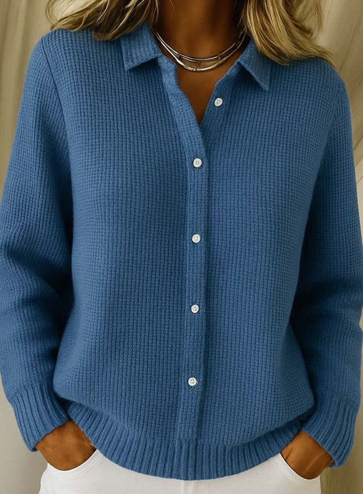 Women's Knit Button-Down Cardigan Collared Long-Sleeve Sweater - Navy Blue