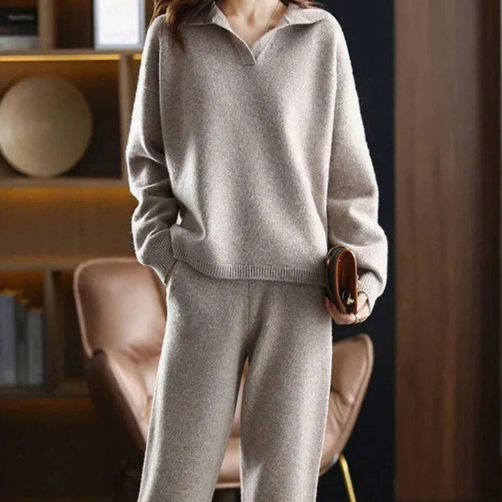 Women's Knit Two-Piece Lounge Outfit Set Collared Sweater Wide-Leg Pants - Khaki