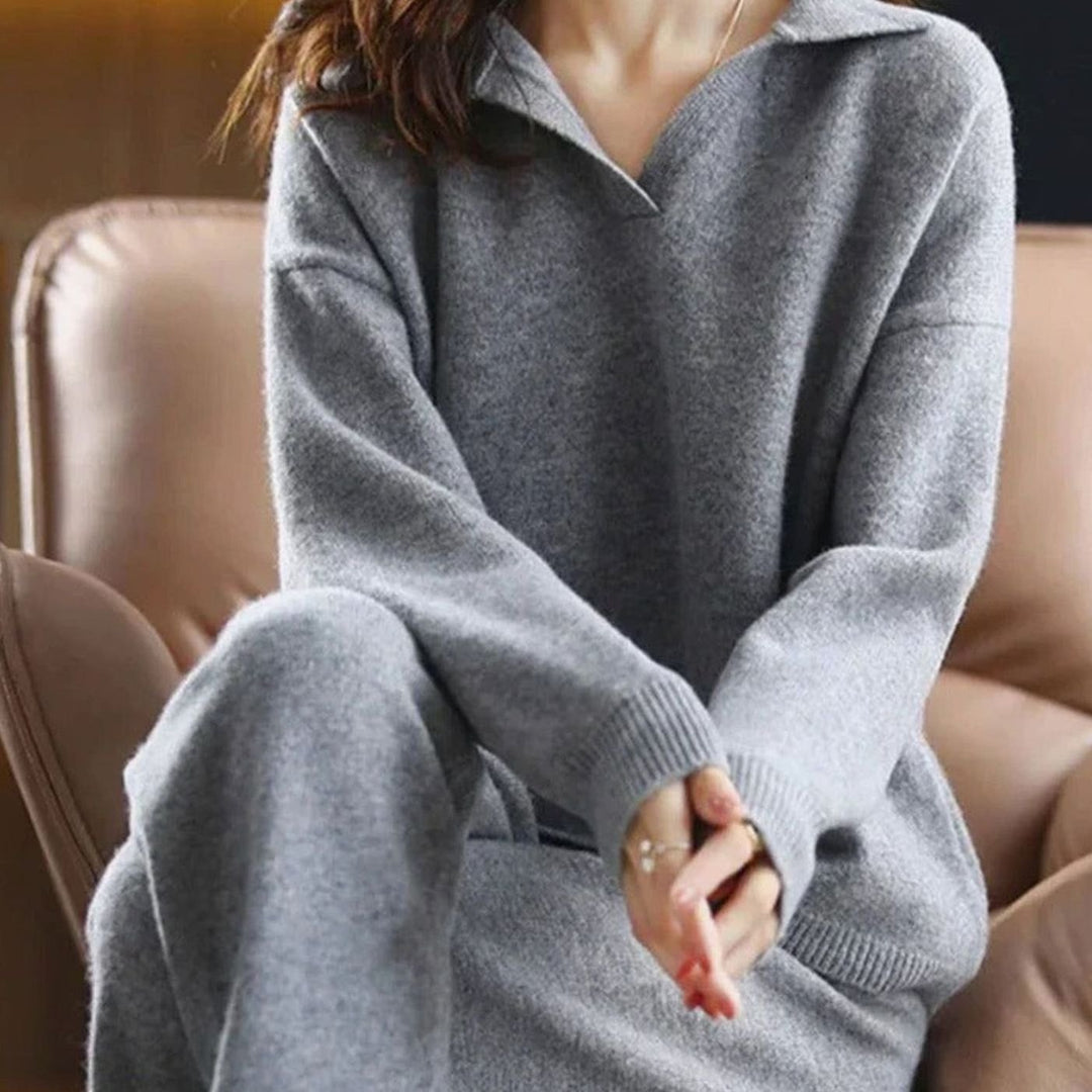 Women's Knit Two-Piece Lounge Outfit Set Collared Sweater Wide-Leg Pants - Grey