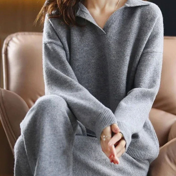 Women's Knit Two-Piece Lounge Outfit Set Collared Sweater Wide-Leg Pants - Grey
