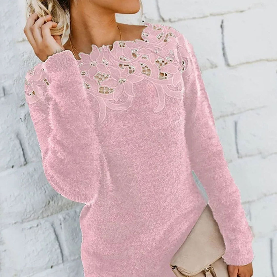 Women's Lace-Trim Floral-Neckline Fuzzy Knit Sweater - Pink