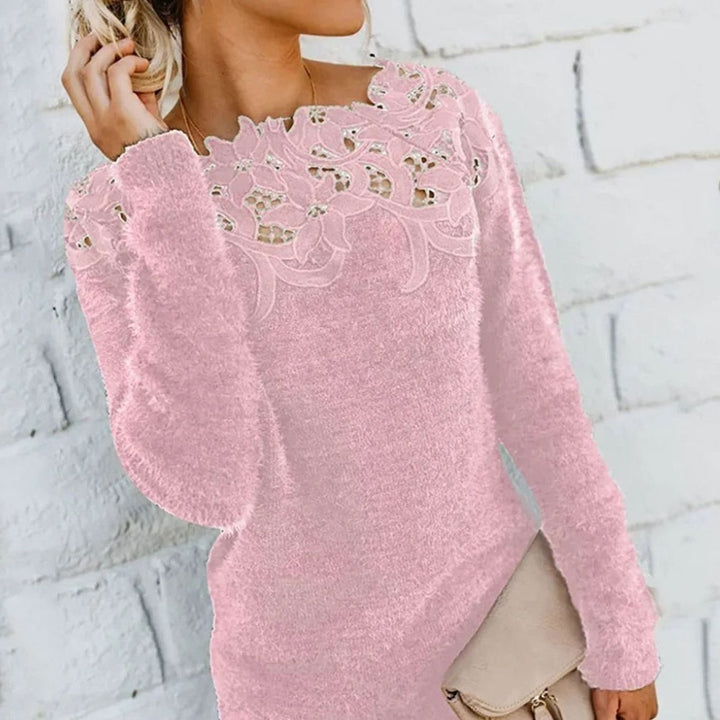 Women's Lace-Trim Floral-Neckline Fuzzy Knit Sweater - Pink