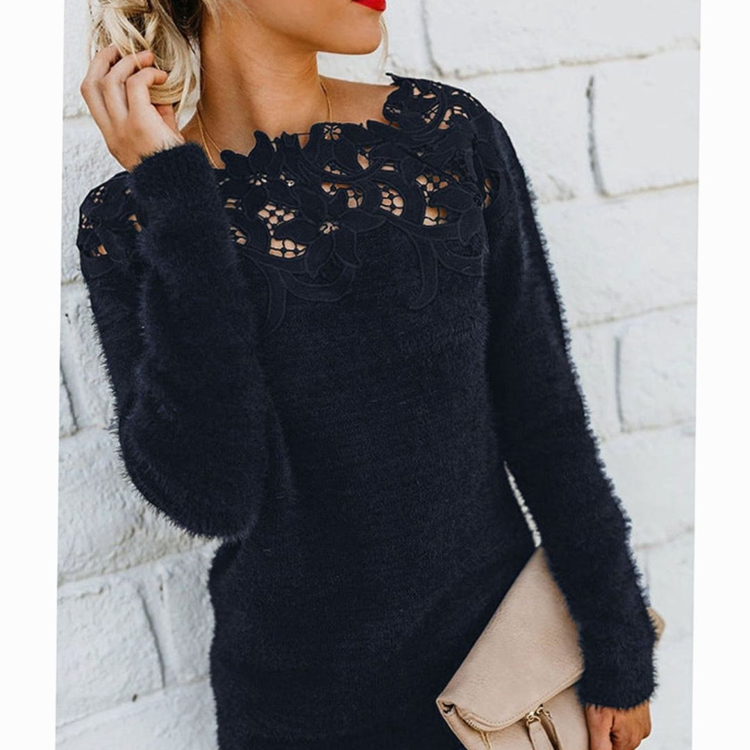 Women's Lace-Trim Floral-Neckline Fuzzy Knit Sweater - Black