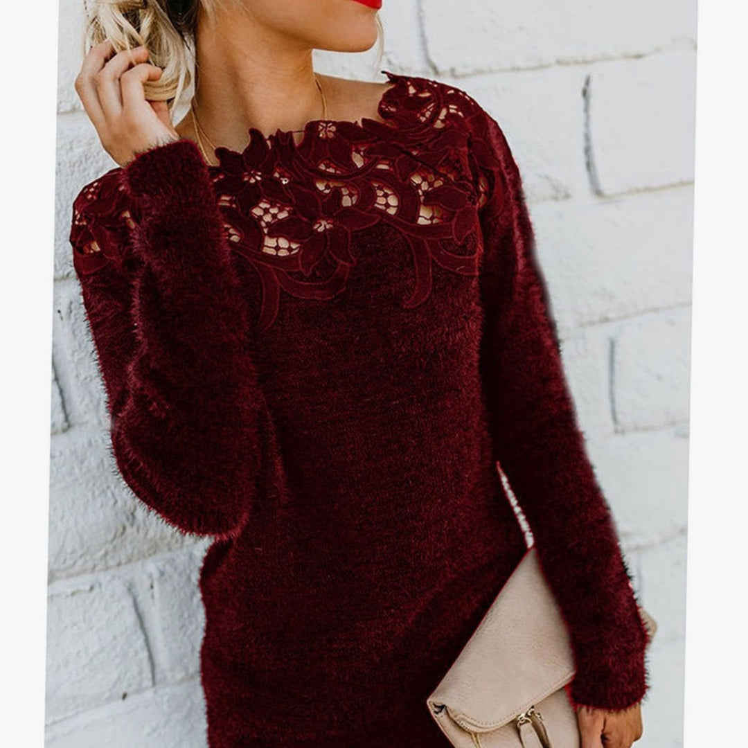 Women's Lace-Trim Floral-Neckline Fuzzy Knit Sweater - Red Wine