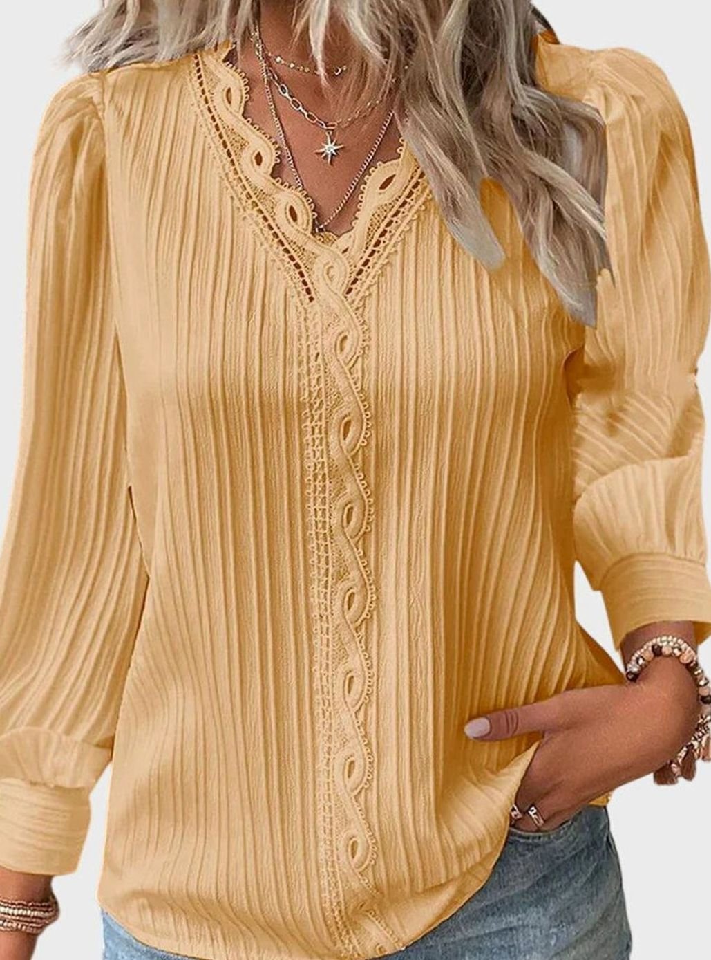 Women's Lace-Trim V-Neck Long Sleeve Pullover Blouse - Yellow