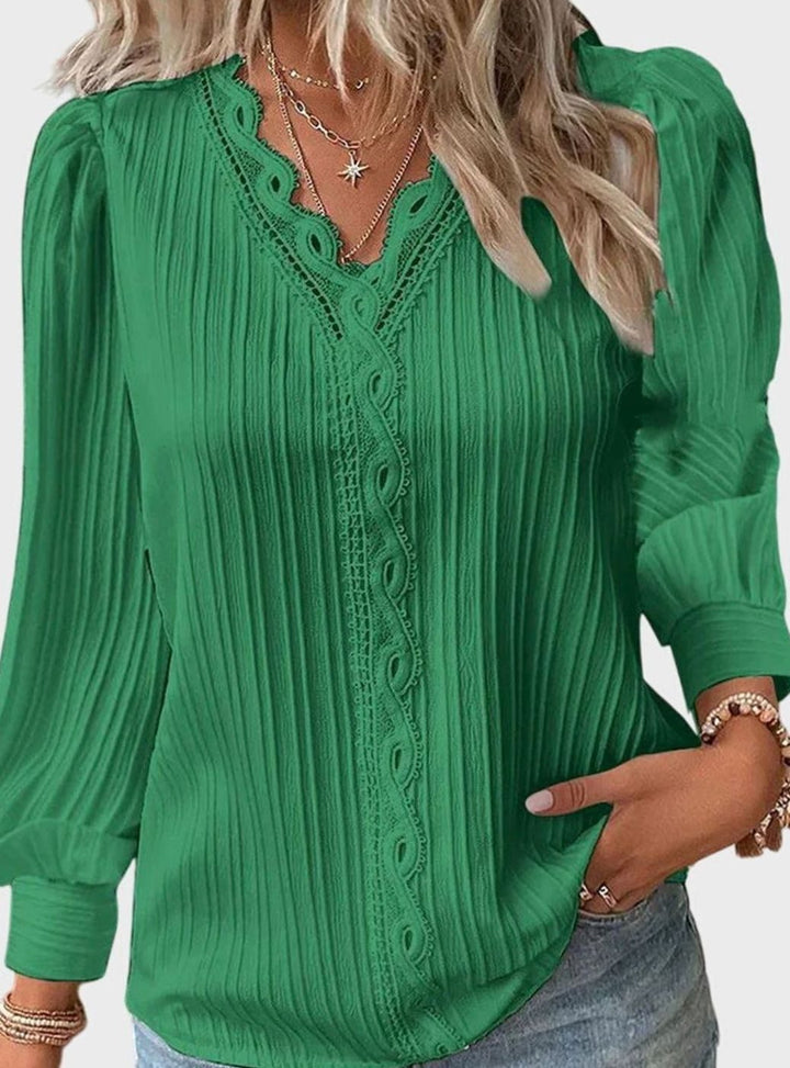 Women's Lace-Trim V-Neck Long Sleeve Pullover Blouse - Green