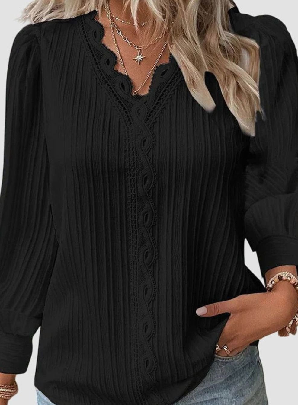 Women's Lace-Trim V-Neck Long Sleeve Pullover Blouse - Black