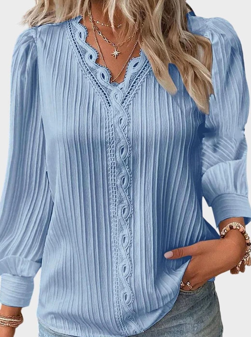 Women's Lace-Trim V-Neck Long Sleeve Pullover Blouse - Blue