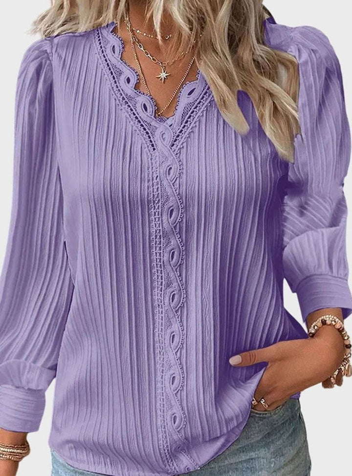 Women's Lace-Trim V-Neck Long Sleeve Pullover Blouse - Purple