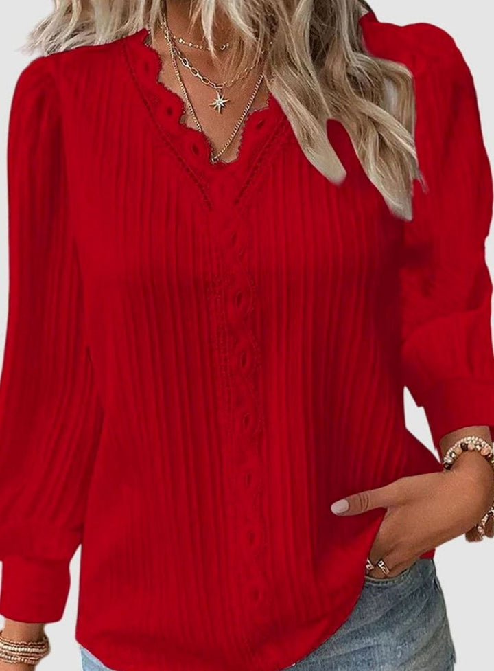 Women's Lace-Trim V-Neck Long Sleeve Pullover Blouse - Red