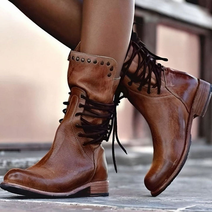 Women's Lace-Up Block-Heel Leather-Look Ankle Boots - Brown