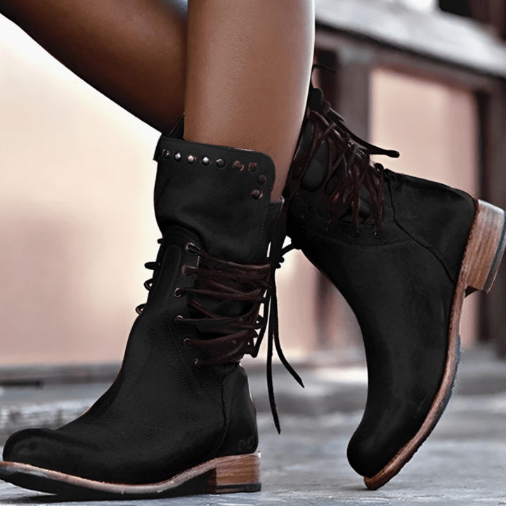 Women's Lace-Up Block-Heel Leather-Look Ankle Boots - Black