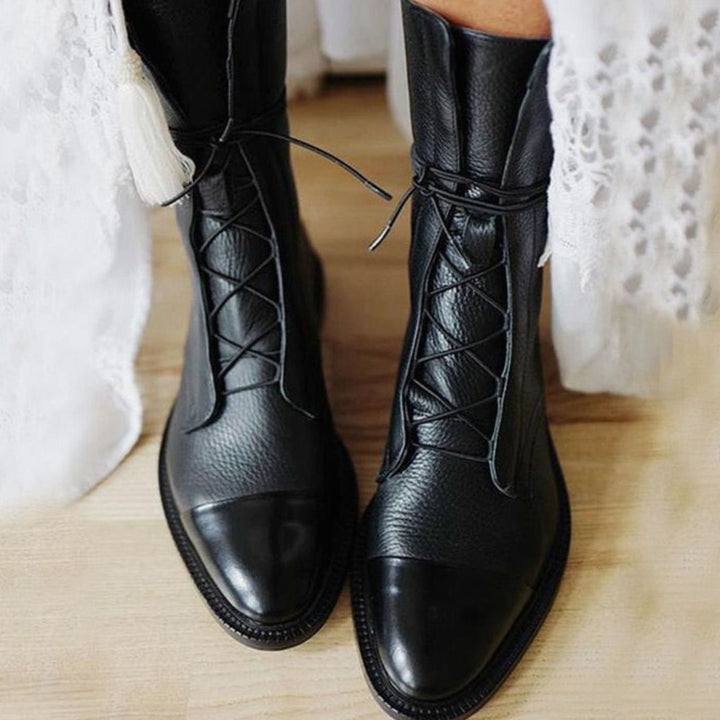 Women's Lace-Up Leather Ankle Boots Cap-Toe Flat - Black