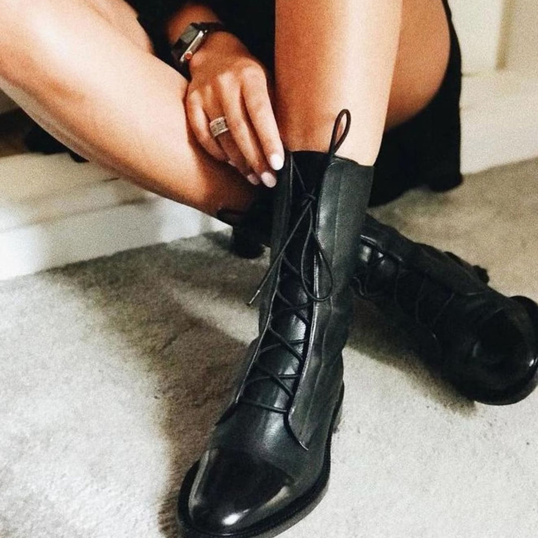 Women's Lace-Up Leather Ankle Boots Cap-Toe Flat