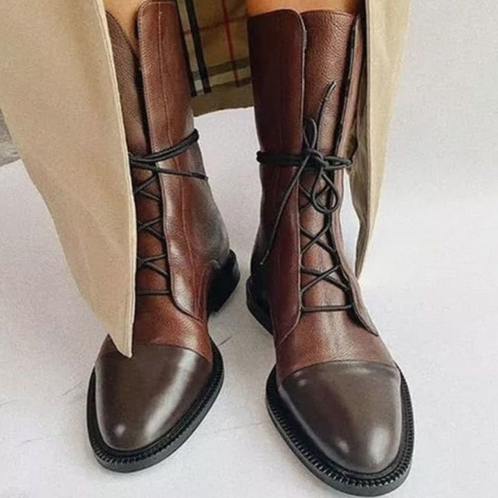 Women's Lace-Up Leather Ankle Boots Cap-Toe Flat - Brown