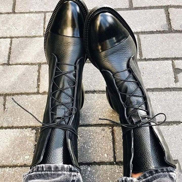 Women's Lace-Up Leather Ankle Boots Cap-Toe Flat