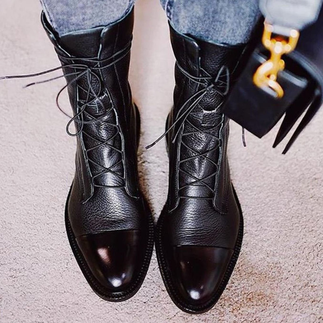 Women's Lace-Up Leather Ankle Boots Cap-Toe Flat