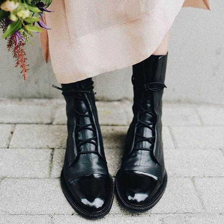 Women's Lace-Up Leather Ankle Boots Cap-Toe Flat
