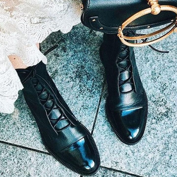 Women's Lace-Up Leather Ankle Boots Cap-Toe Flat
