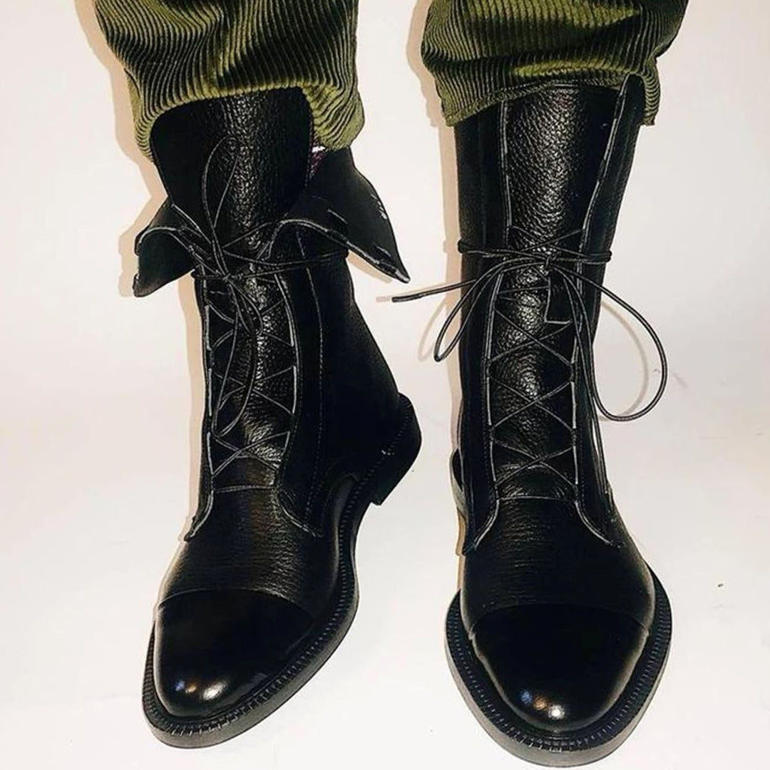 Women's Lace-Up Leather Ankle Boots Cap-Toe Flat