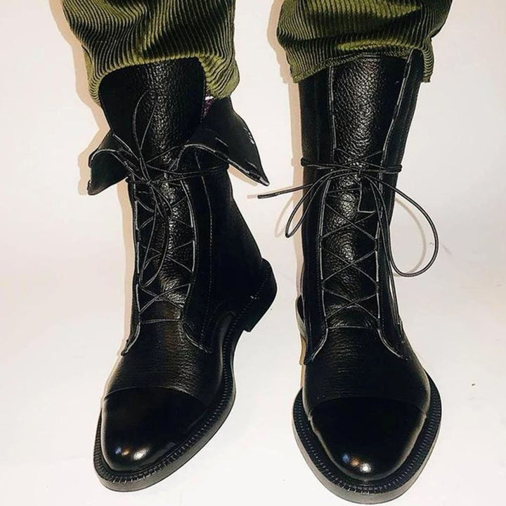 Women's Lace-Up Leather Ankle Boots Cap-Toe Flat