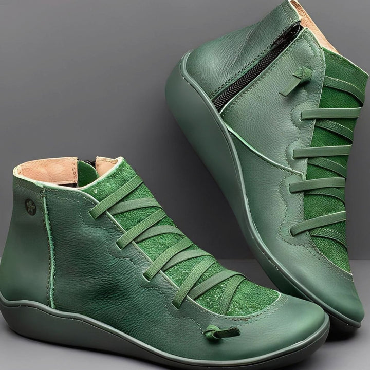 Women's Lace-Up Side-Zip Leather Ankle Boots - Green