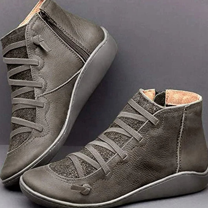 Women's Lace-Up Side-Zip Leather Ankle Boots - Gray