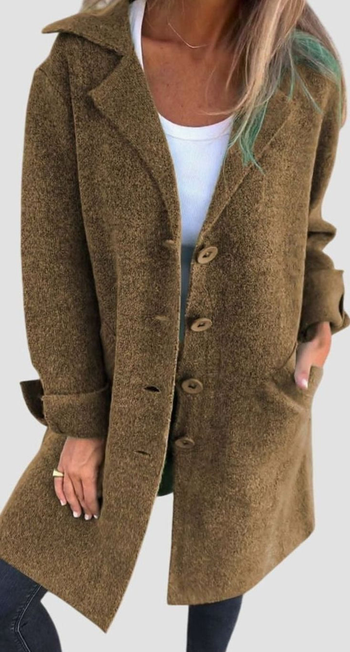 Women's Lapel Button-Front Longline Blazer Coat - Khaki