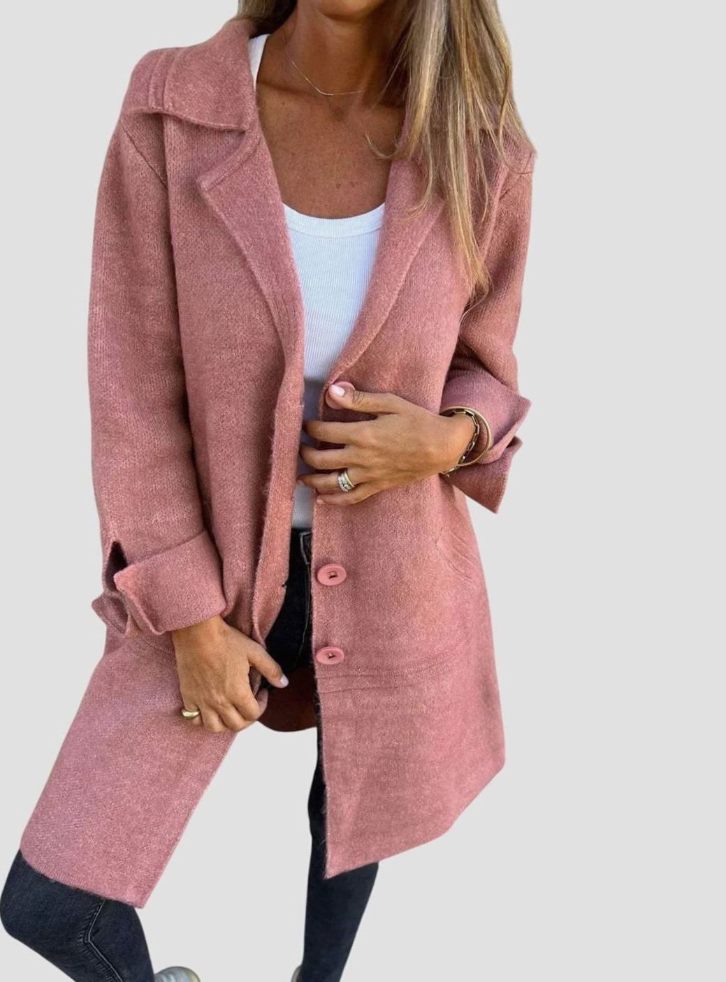 Women's Lapel Button-Front Longline Blazer Coat - Pink