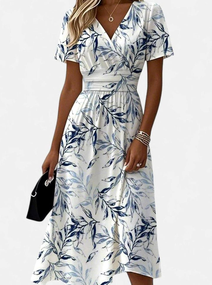 Women's Leaf Print V-Neck Short-Sleeve Elegant Dress Midi - White